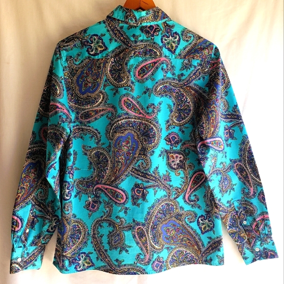 TALBOTS Blue Turquoise Paisley Super Cute Long Sleeve Button Down Blouse… - Picture 3 of 6